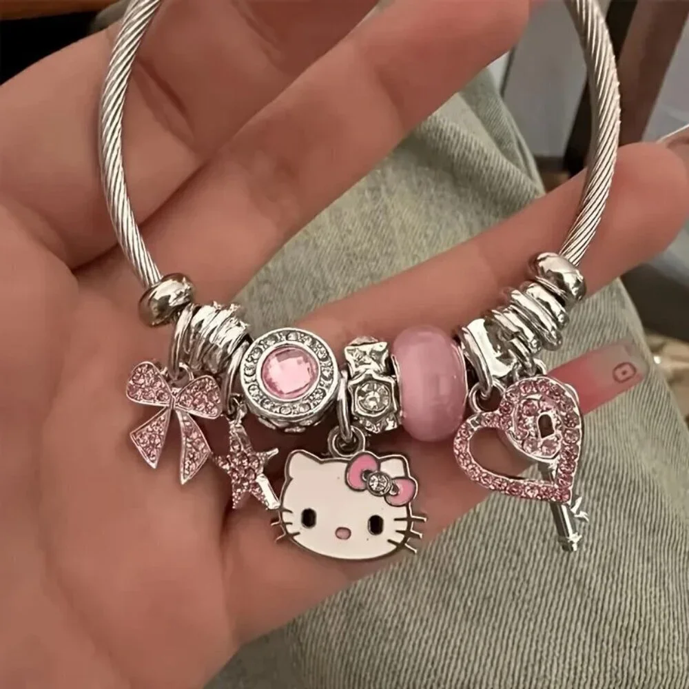 Hello Kitty Charm Bracelet Pink & Silver Cable Bangle Cute Bow Heart Star Key Ch